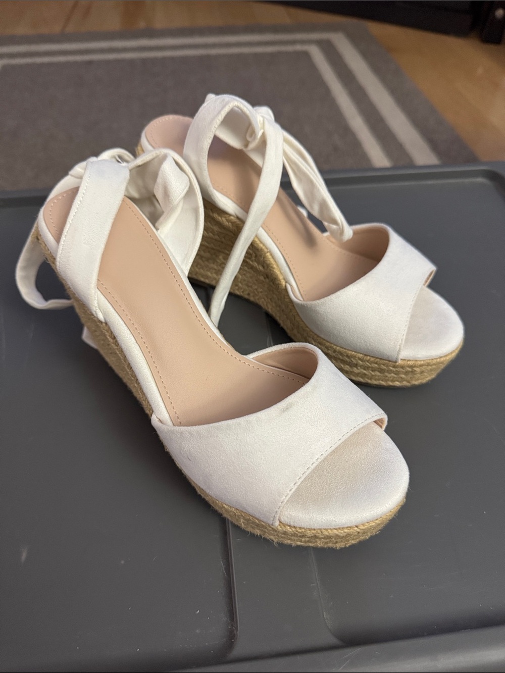 Neutral Espadrille Wedge Sandals with Ankle Tie